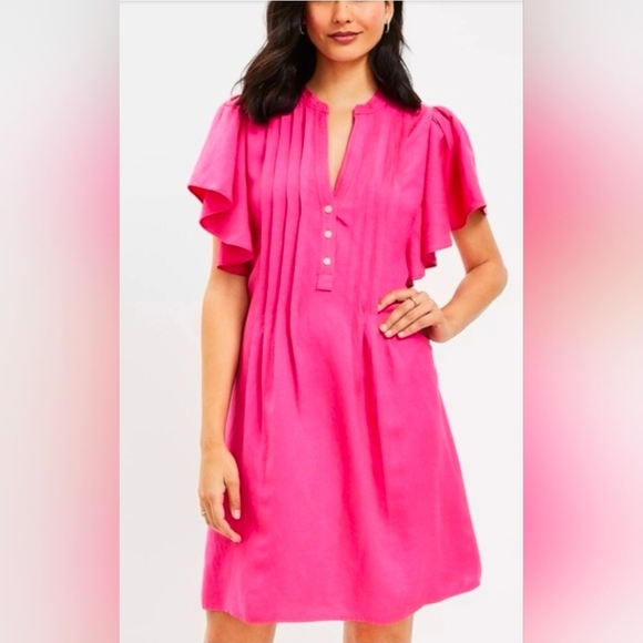 LOFT Dresses & Skirts - Ann Taylor Loft Fuchsia Pink Flutter Sleeve Linen Blend Pleat Tunic Dress Sz XXL